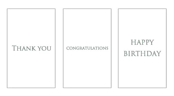 「THANK YOU」「CONGRATULATIONS」「HAPPY BIRTHDAY」の3種類のメッセージカード