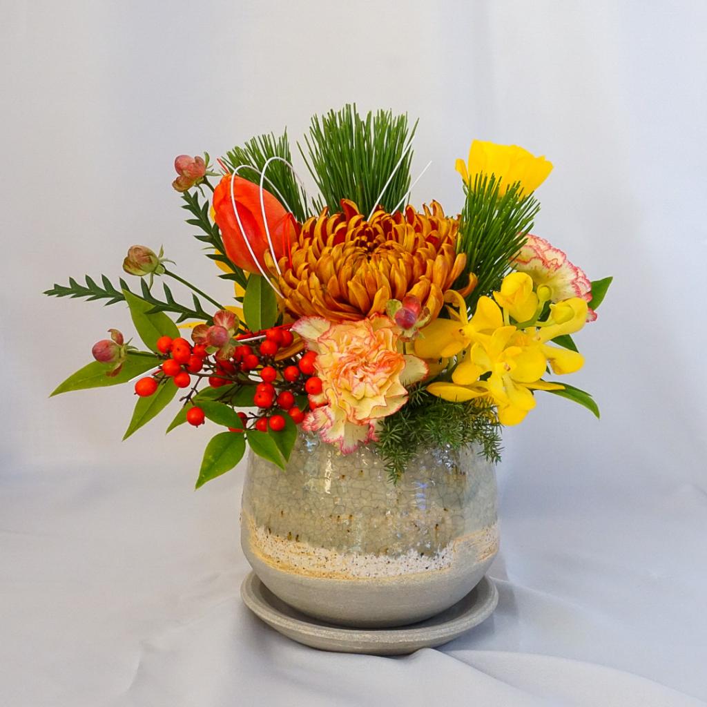 【お正月アレンジ】イエロー×オレンジ■信楽焼の器/送料込み※着日指定なしのご注文で29日のお届け