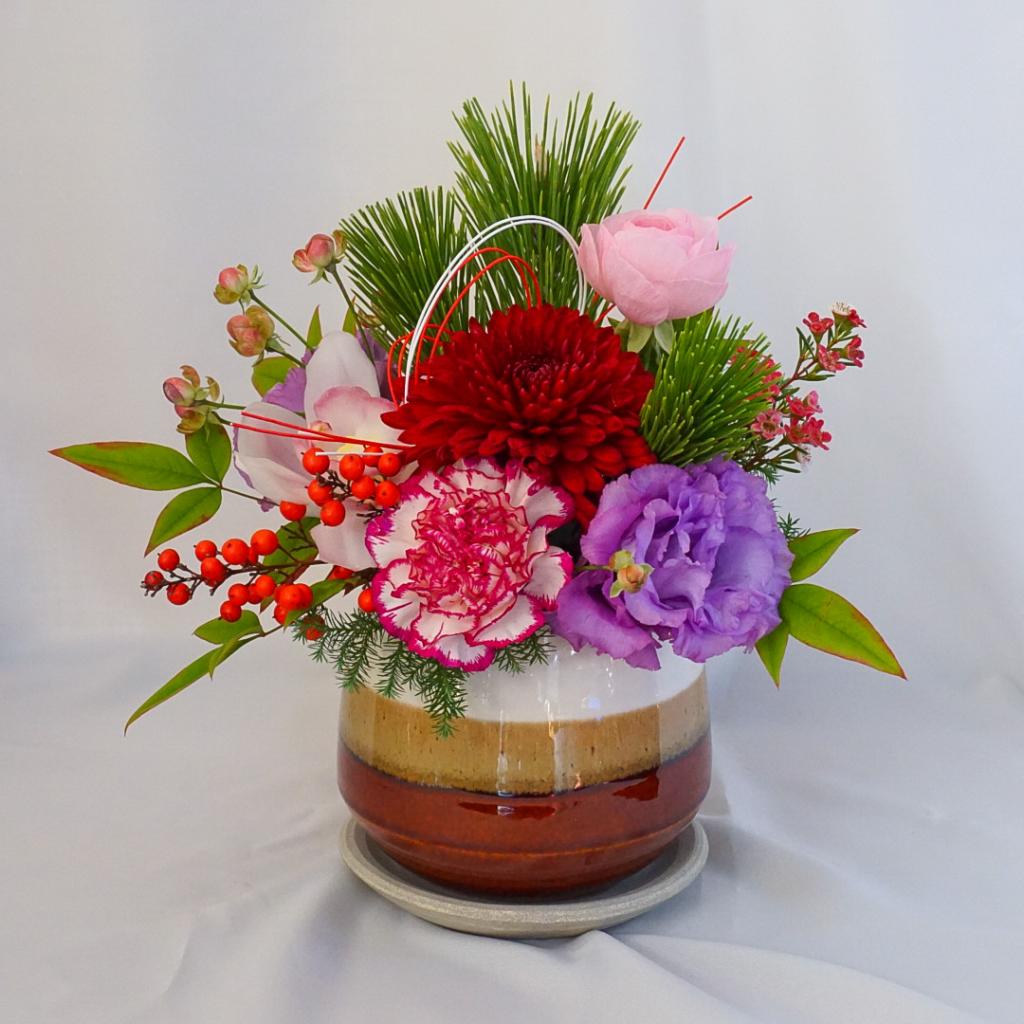 【お正月アレンジ】レッド×パープル■信楽焼の器/送料込み※着日指定なしのご注文で29日のお届け