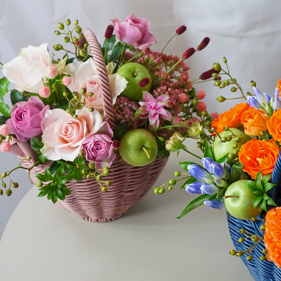 【敬老の日のお花】バスケットのアレンジメント◇ピンク×ピンク/送料込み＋クール便¥330