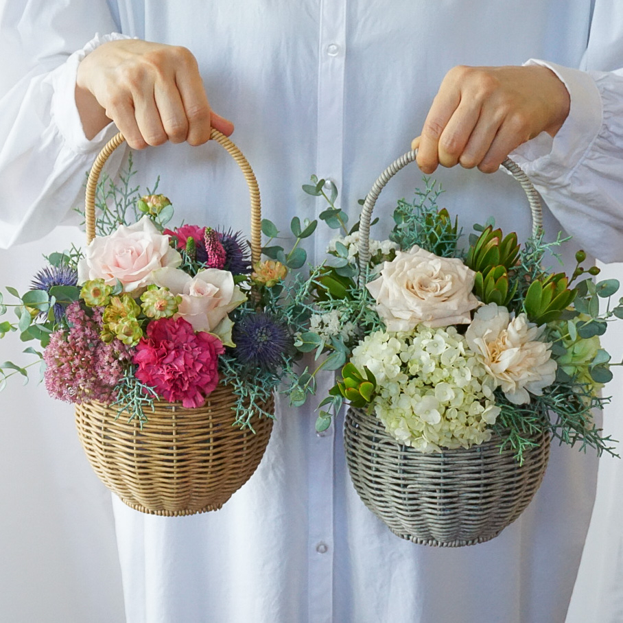 【バスケットアレンジメント】 ホワイトグリーン/送料込み