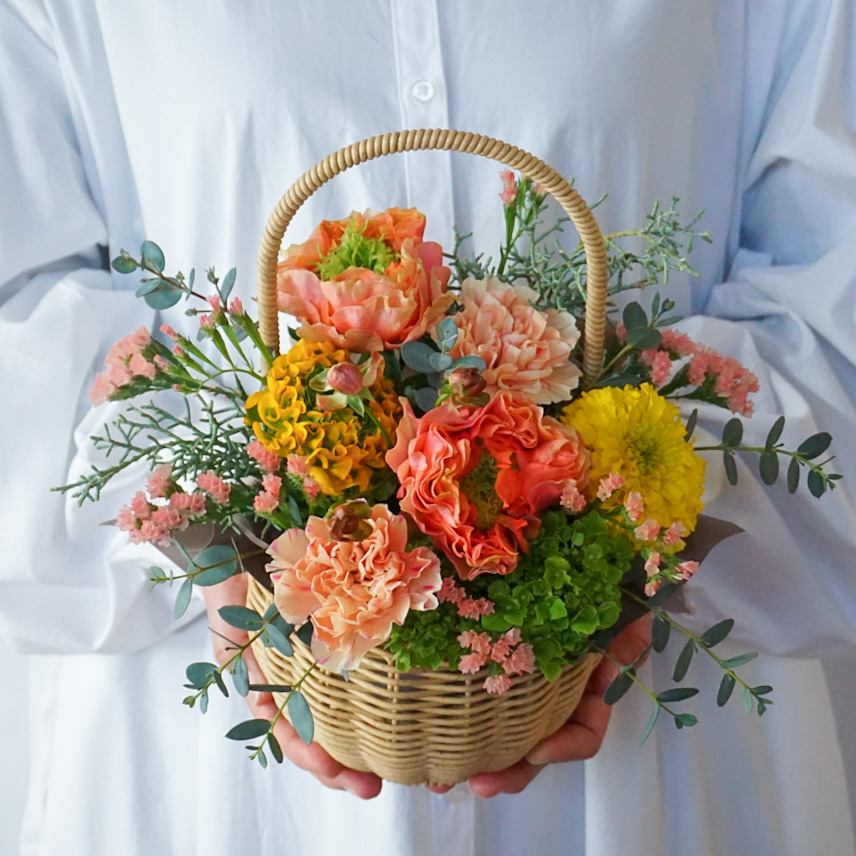 【バスケットアレンジメント】 オレンジ×イエロー/送料込み