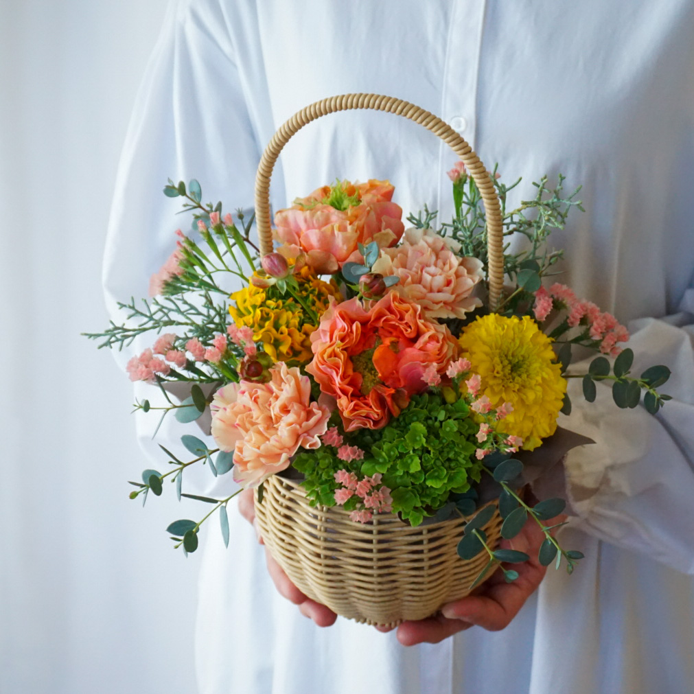 【バスケットアレンジメント】 オレンジ×イエロー/送料込み
