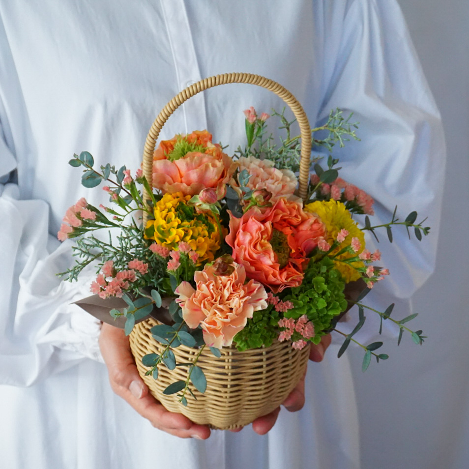 【バスケットアレンジメント】 オレンジ×イエロー/送料込み