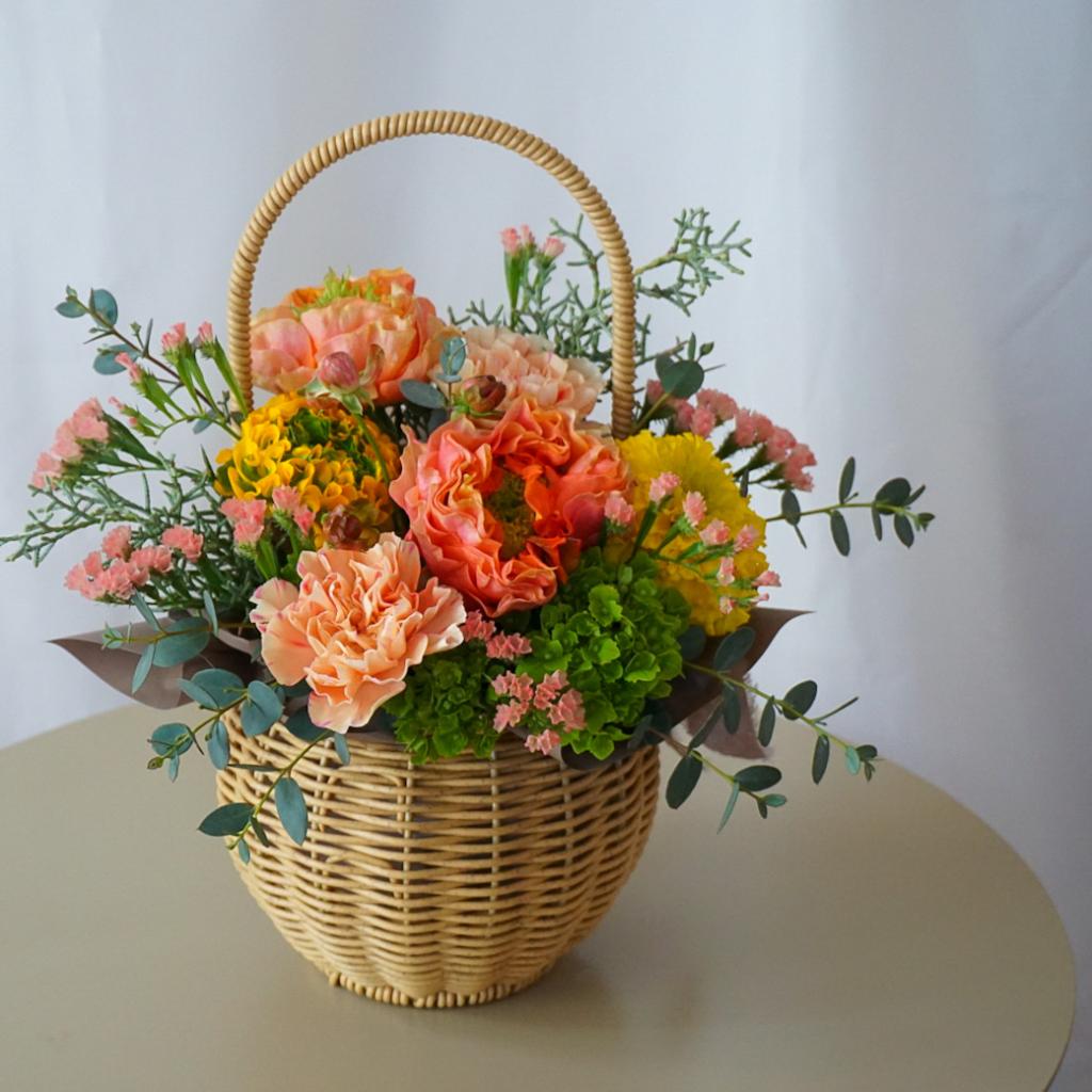【バスケットアレンジメント】 オレンジ×イエロー/送料込み